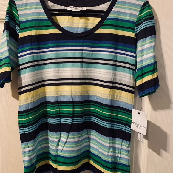 Liz Claiborne Petites T-shirt Navy multicolor stripe. Size Petite Small NWT - Picture 1 of 2